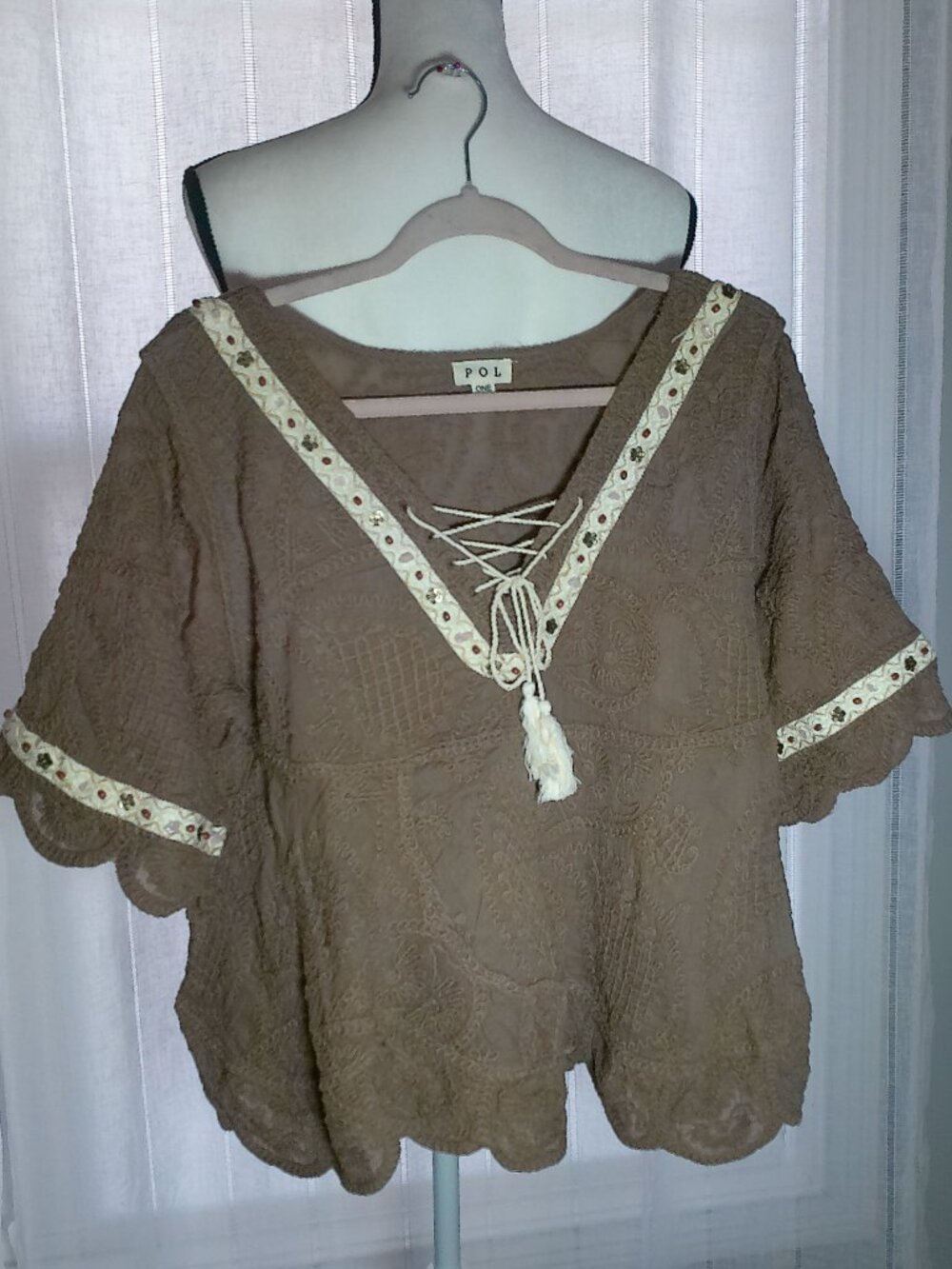 POL Short Slve Tie V-Neck Embroidery & Beading Through-Out Cocoa Brown Sweater 1 - Picture 1 of 10